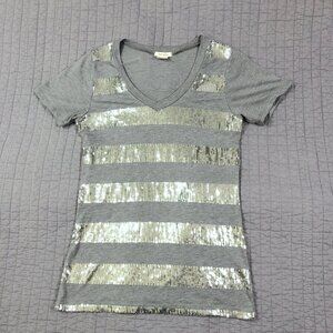 Love Rocks T Shirt Women Large Gray Sequin Stripes V Neck